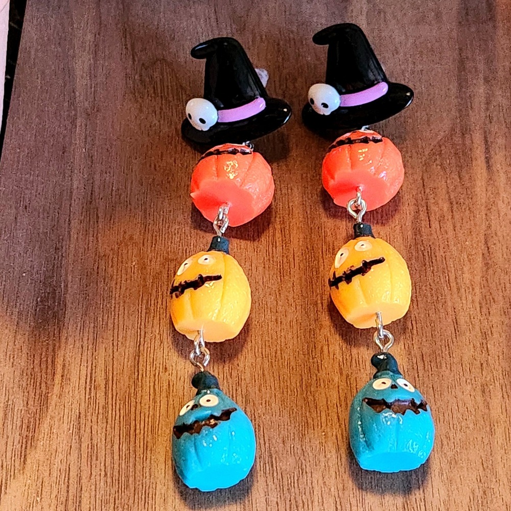 Halloween Witch Hat Stacked Pumpkin Dangle Earrings Spooky Resin Drop Jewelry